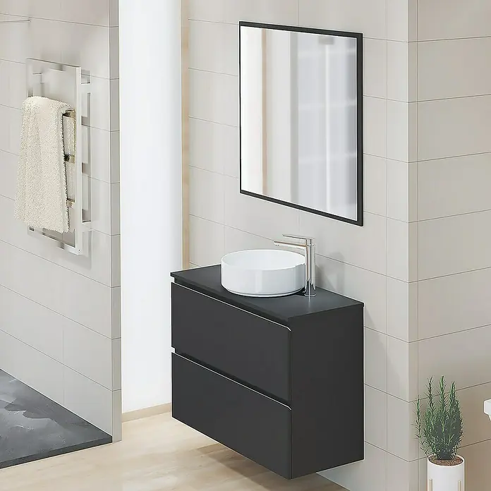 Artysan Encimera para lavabo Cíes - 39,1 x 91 x 1,6 cm, Negro - Mueble de baño moderno con gabinete negro, lavabo blanco sobre encimera y espejo elegante.