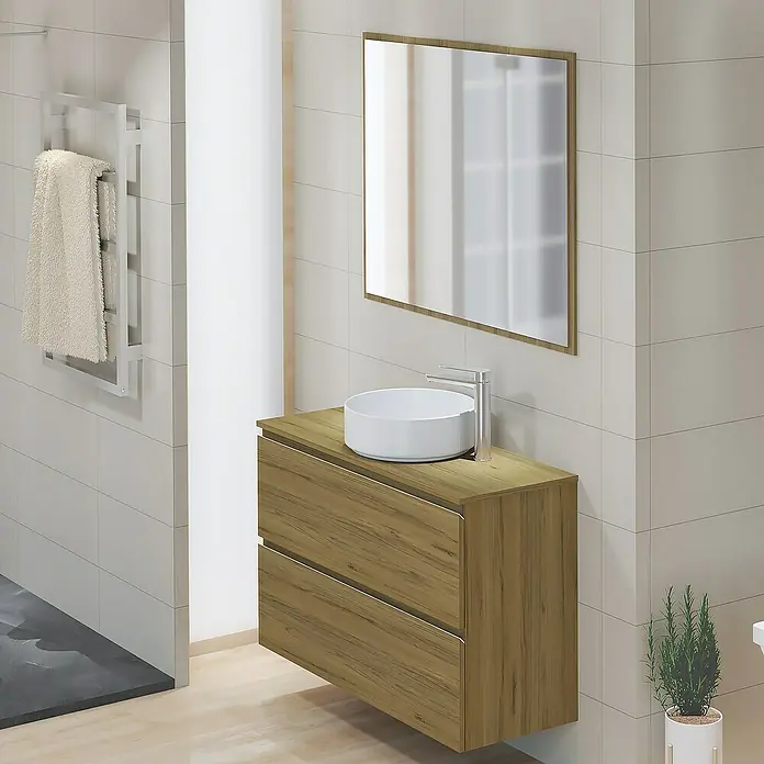 Artysan Encimera para lavabo Cíes - 39,1 x 101 x 1,6 cm, Roble Guadarrama - Mueble de baño con efecto madera, lavabo redondo y espejo. El toallero y la planta añaden un toque elegante.