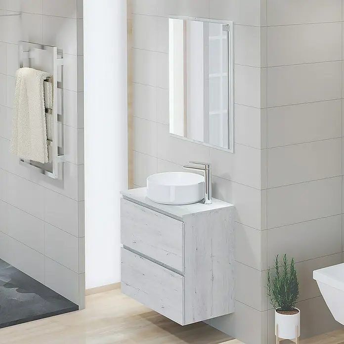 Artysan Encimera para lavabo Cíes - 39,1 x 71 x 1,6 cm, Silver - Moderno lavabo de baño con espejo y toallero. El mueble ofrece un práctico espacio de almacenamiento con dos cajones.