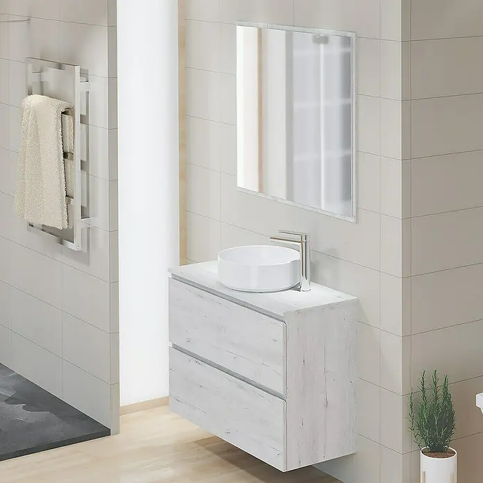Artysan Encimera para lavabo Cíes - 39,1 x 91 x 1,6 cm, Silver - Moderno conjunto de tocador de baño con lavabo sobre encimera redondo, espejo y toallero para un espacio elegante.