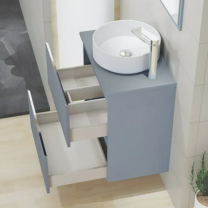 Artysan Mueble bajo de lavabo Cíes - L x An x Al: 38,6 x 60 x 64 cm, Azul - Lavabo de baño moderno con tocador gris y cajones abiertos para una solución de mobiliario elegante y práctica.