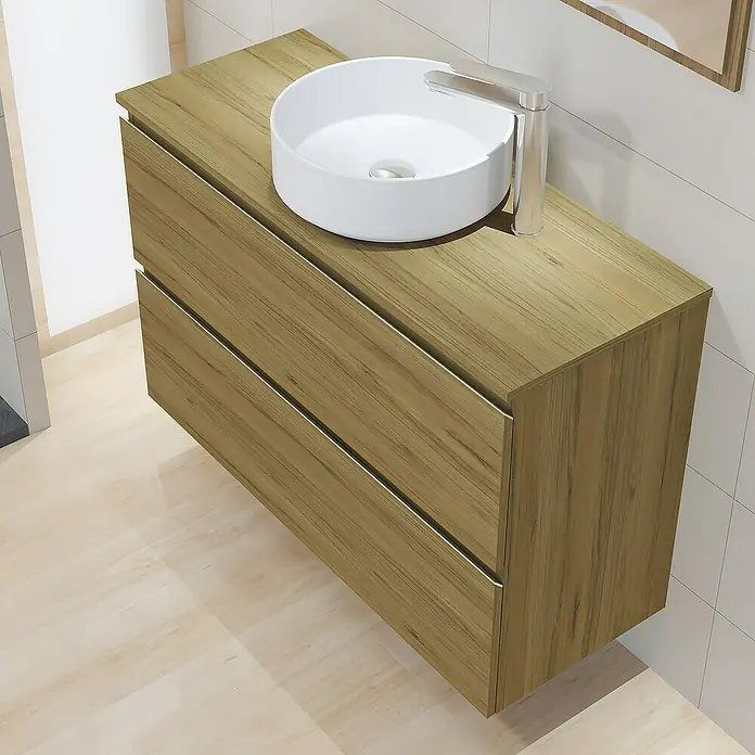 Artysan Mueble bajo de lavabo Cíes - L x An x Al: 38,6 x 100 x 64 cm, Roble Guadarrama - Mueble de baño moderno con gabinete de aspecto de madera. El lavabo redondo sobre encimera y el grifo minimalista añaden elegancia.