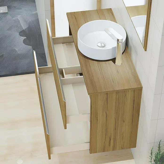 Artysan Mueble bajo de lavabo Cíes - L x An x Al: 38,6 x 100 x 64 cm, Roble Guadarrama - Mueble de baño moderno con efecto madera y cajones abiertos, con lavabo sobre encimera y grifo para un ambiente de baño elegante.