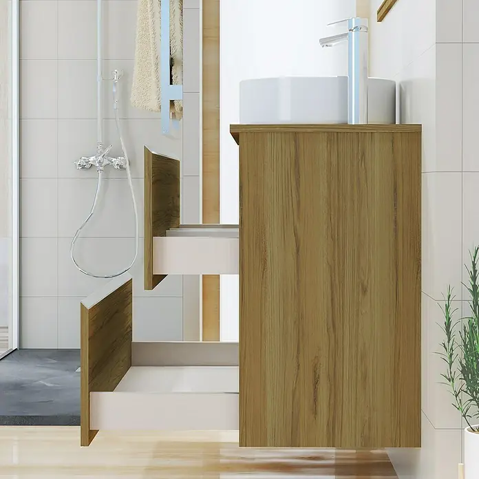 Artysan Mueble bajo de lavabo Cíes - L x An x Al: 38,6 x 100 x 64 cm, Roble Guadarrama - Un mueble de baño con un lavabo redondo moderno y cajones abiertos, ideal para un diseño de baño elegante y funcional.