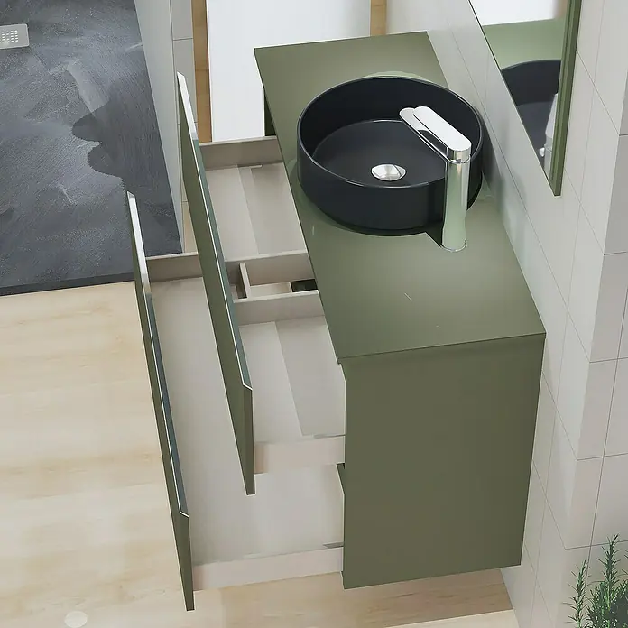 Artysan Mueble bajo de lavabo Cíes - L x An x Al: 38,6 x 100 x 64 cm, Musgo - Un tocador verde con un lavabo sobre encimera negro y grifo cromado, con cajones abiertos que muestran el almacenamiento.