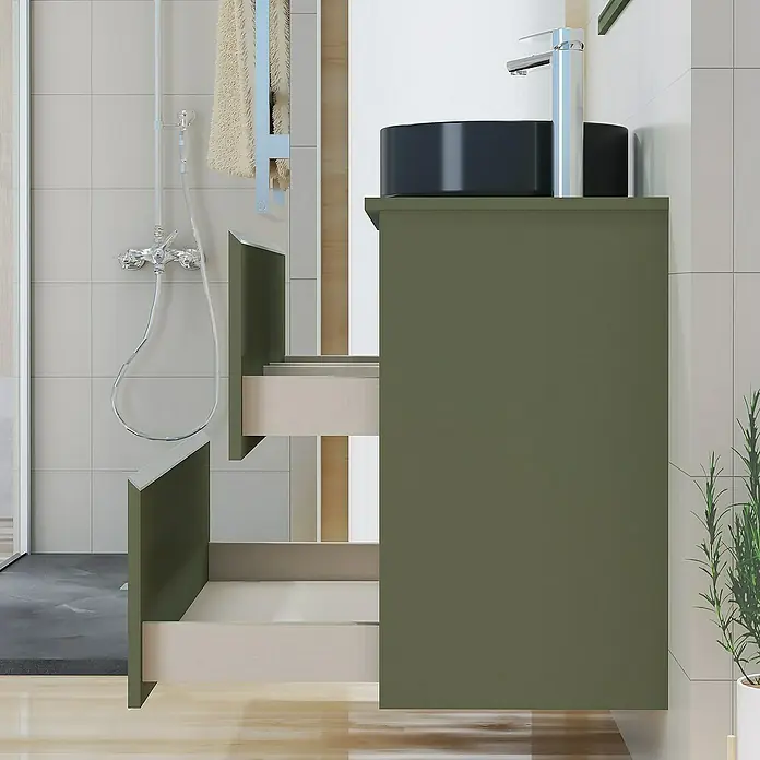 Artysan Mueble bajo de lavabo Cíes - L x An x Al: 38,6 x 100 x 64 cm, Musgo - Mueble de baño moderno con cajones abiertos y un lavabo negro. El diseño es simple y elegante.