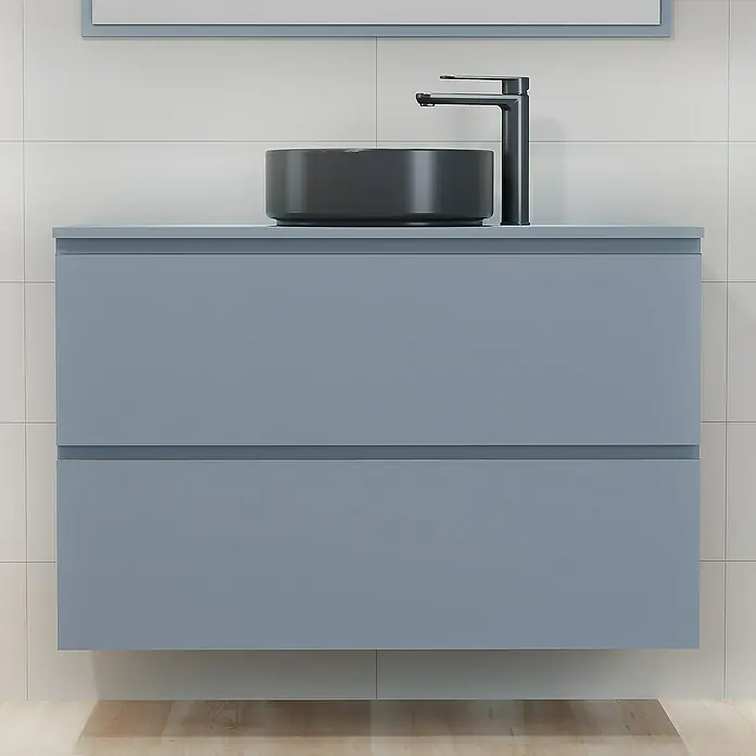 Artysan Mueble bajo de lavabo Cíes - L x An x Al: 38,6 x 100 x 64 cm, Azul - Mueble de baño con dos cajones en un elegante gris, combinado con un moderno lavabo sobre encimera redondo.