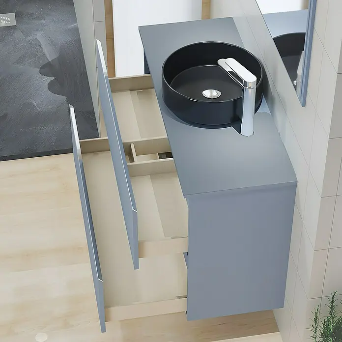 Artysan Mueble bajo de lavabo Cíes - L x An x Al: 38,6 x 100 x 64 cm, Azul - Mueble de lavabo gris con cajón abierto y un lavabo sobre encimera redondo negro con grifo cromado.