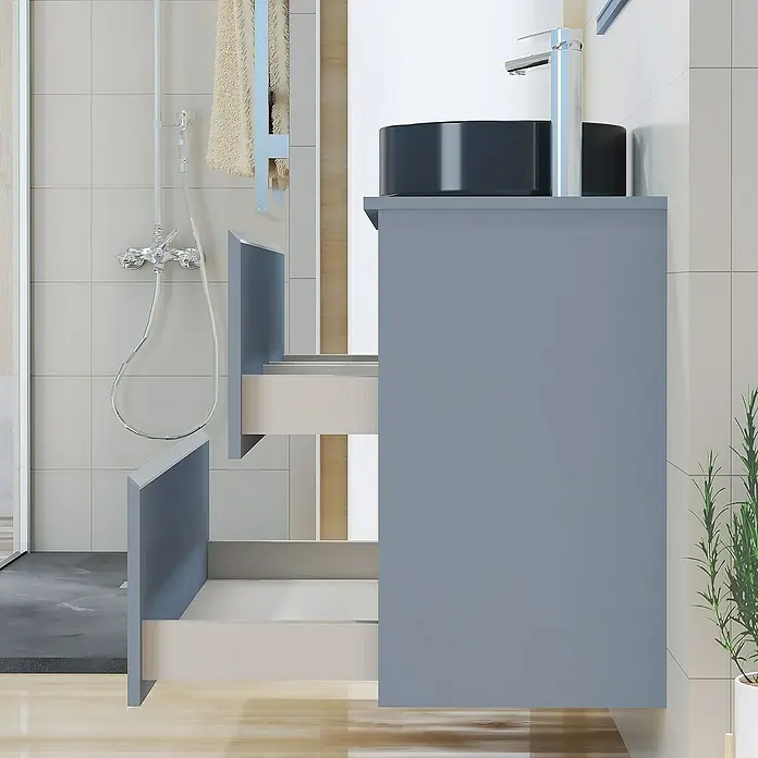 Artysan Mueble bajo de lavabo Cíes - L x An x Al: 38,6 x 100 x 64 cm, Azul - Mueble de baño gris con diseño de cajón abierto y un lavabo redondo negro.