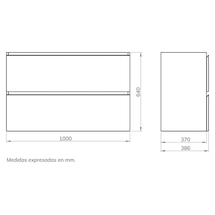 Artysan Mueble bajo de lavabo Cíes - L x An x Al: 38,6 x 100 x 64 cm, Negro - Dibujo técnico de un mueble de baño con dimensiones. El mueble mide 1000 mm de ancho, 640 mm de alto y 386 mm de profundidad.