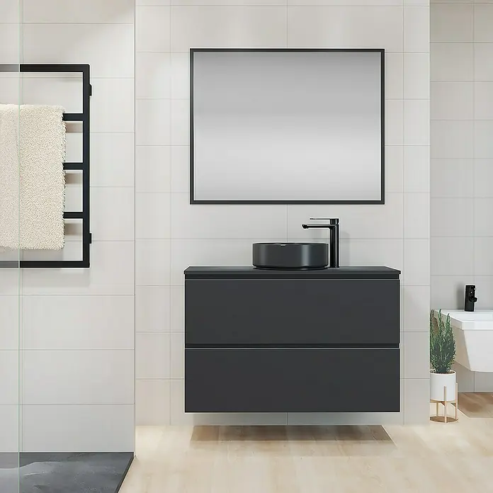 Artysan Mueble bajo de lavabo Cíes - L x An x Al: 38,6 x 100 x 64 cm, Negro - Baño con un moderno tocador gris con un lavabo sobre encimera redondo y un espejo grande encima.