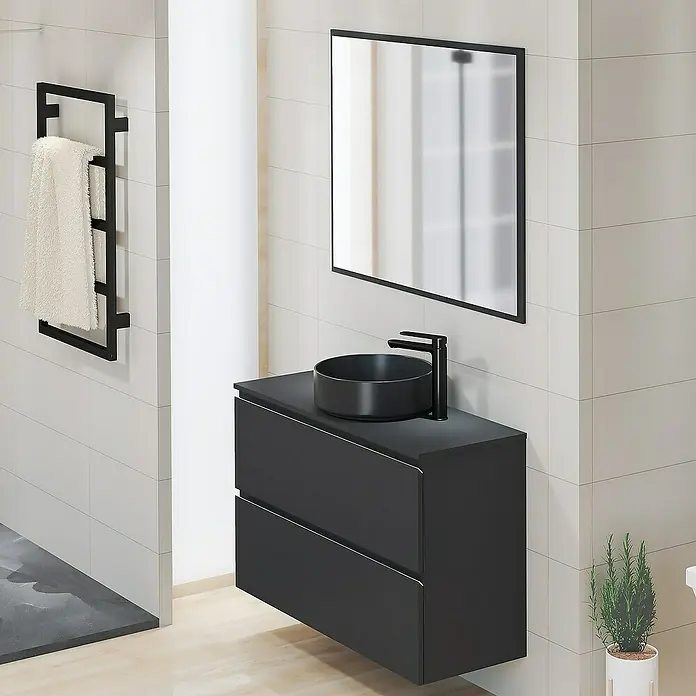 Artysan Mueble bajo de lavabo Cíes - L x An x Al: 38,6 x 100 x 64 cm, Negro - Baño moderno con mueble de lavabo negro, lavabo redondo sobre encimera y toallero.
