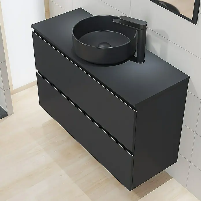 Artysan Mueble bajo de lavabo Cíes - L x An x Al: 38,6 x 100 x 64 cm, Negro - Mueble de baño negro con dos cajones y lavabo sobre encimera. Accesorio de baño moderno con un diseño elegante.