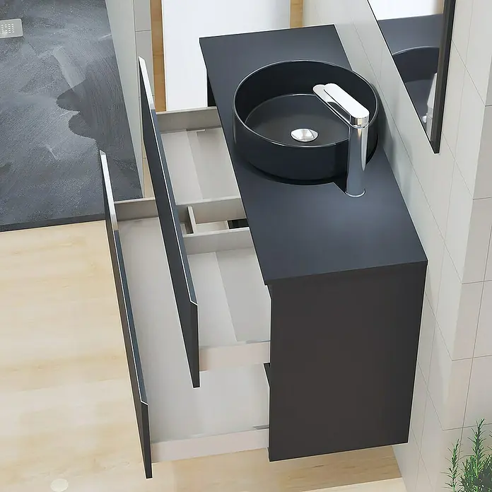 Artysan Mueble bajo de lavabo Cíes - L x An x Al: 38,6 x 100 x 64 cm, Negro - Moderno baño con mueble de lavabo negro, lavabo sobre encimera redondo y cajón abierto.