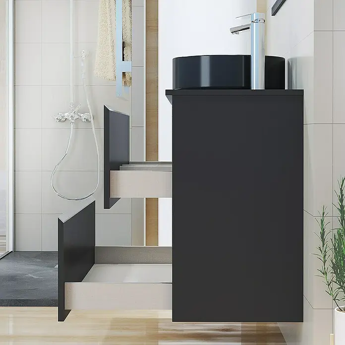 Artysan Mueble bajo de lavabo Cíes - L x An x Al: 38,6 x 100 x 64 cm, Negro - Moderno conjunto de mueble de baño negro con cajones abiertos, ideal para una organización elegante del baño.