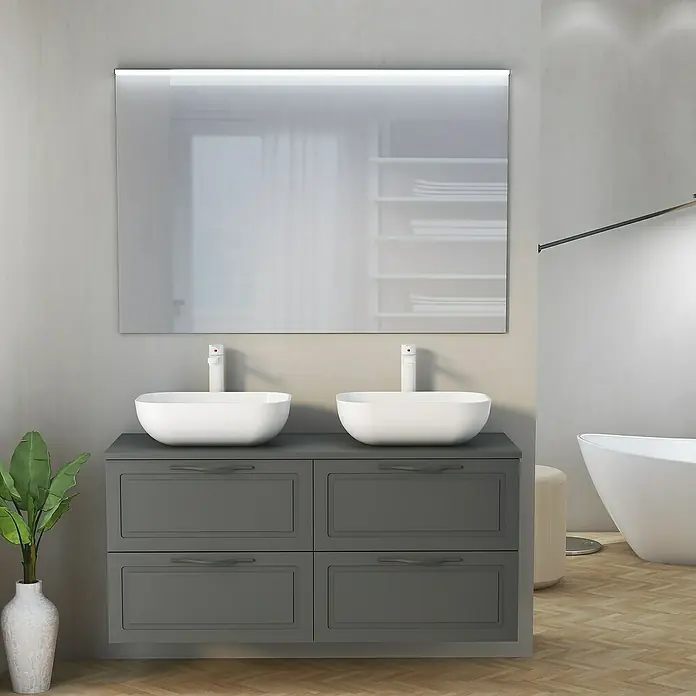 Artysan Mueble bajo de lavabo Toja - An x Pr x Al: 120 x 45 x 54,5 cm, Antracita - Baño moderno con tocador doble gris, lavabos sobre encimera y espejo grande con iluminación integrada.