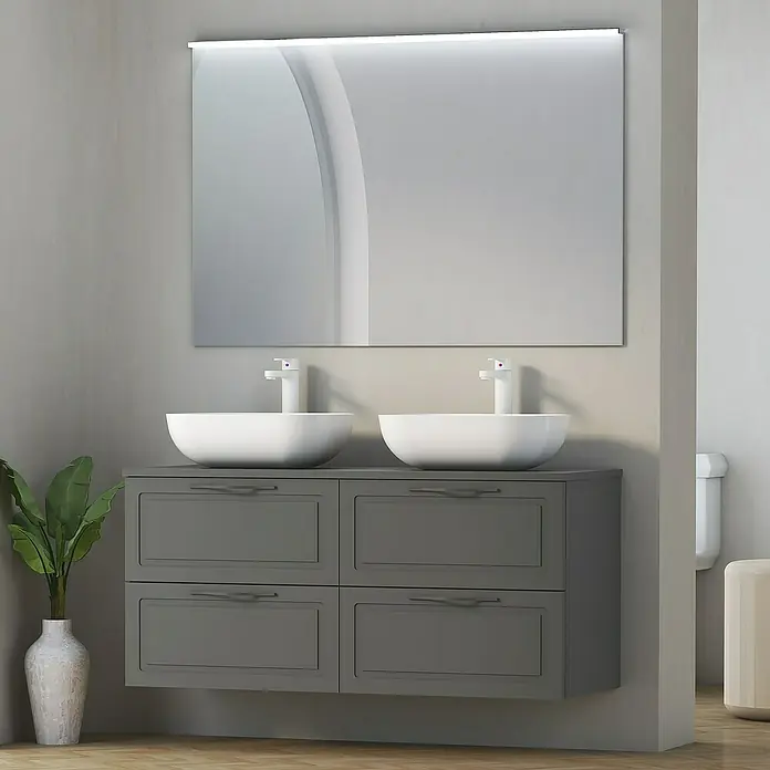 Artysan Encimera para lavabo Toja - 45,7 x 121 x 1,6 cm, Antracita - Un tocador de baño moderno con lavabos dobles y un gran espejo iluminado.