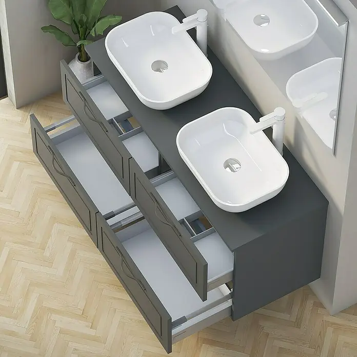 Artysan Mueble bajo de lavabo Toja - An x Pr x Al: 120 x 45 x 54,5 cm, Antracita - Mueble de baño doble gris con cajones abiertos y lavabos sobre encimera blancos para un diseño moderno.