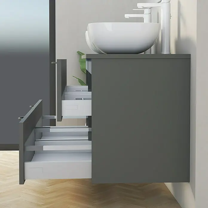 Artysan Mueble bajo de lavabo Toja - An x Pr x Al: 120 x 45 x 54,5 cm, Antracita - Mueble de baño gris con cajones abiertos y lavabo sobre encimera. Mueble de baño moderno para un diseño elegante.