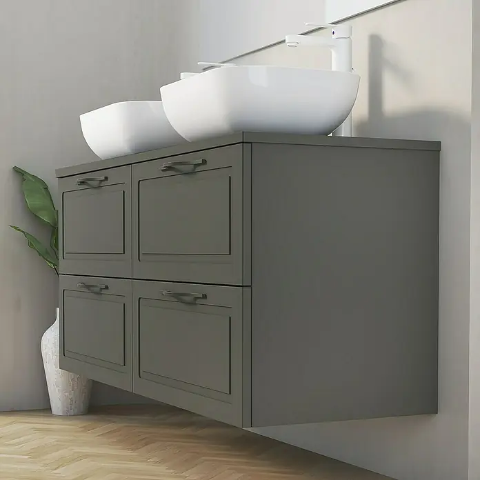 Artysan Mueble bajo de lavabo Toja - An x Pr x Al: 120 x 45 x 54,5 cm, Antracita - Mueble de baño gris con dos lavabos sobre encimera blancos y cuatro cajones con tiradores.