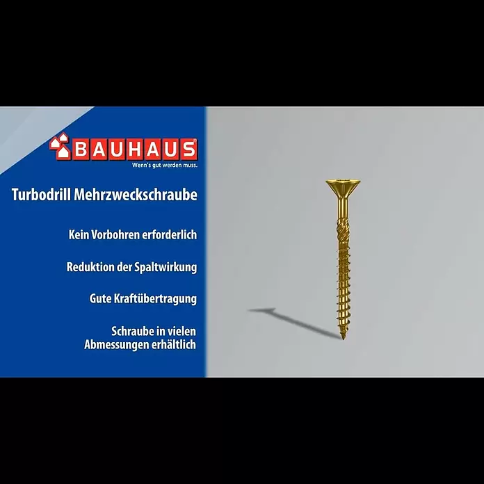Profi Depot Mehrzweck-Schraube Turbo Drill - Ø x L: 6 x 60 mm, TX für TORX-Antriebe, Senkkopf, 100 Stk. - Turbodrill Mehrzweckschraube - BAUHAUS TV