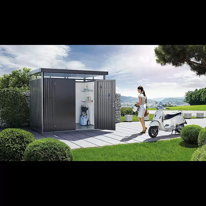 Biohort HighLine Gerätehaus HighLine H3 - Silber Metallic, Einzeltür, Außentiefe inkl. Dachüberstand: 235 cm, Außenbreite inkl. Dachüberstand: 275 cm, Stahl - Geräteschuppen HighLine von Biohort