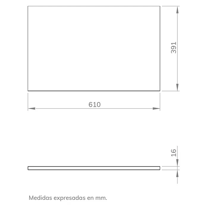 Artysan Encimera para lavabo Cíes - 39,1 x 61 x 1,6 cm, Silver - Vista superior de un producto rectangular con dimensiones 610 x 391 x 16 mm.