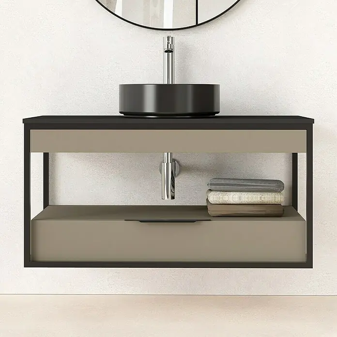 Artysan Conjunto de mueble de baño Izaro - Ancho: 100 cm, 3 pzs., Fango/Negro, Mate - Un mueble de baño moderno con un lavabo sobre encimera redondo negro y un diseño minimalista con un cajón.