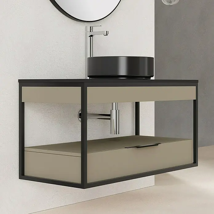 Artysan Conjunto de mueble de baño Izaro - Ancho: 100 cm, 3 pzs., Fango/Negro, Mate - Lavabo de baño moderno con elegante mueble y lavabo sobre encimera negro para un espacio elegante.