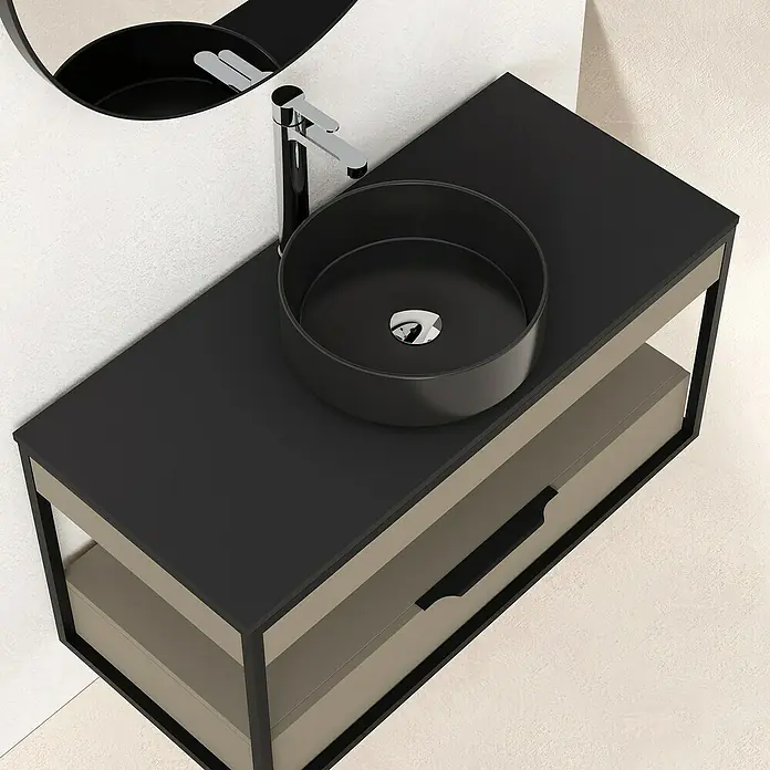 Artysan Conjunto de mueble de baño Izaro - Ancho: 100 cm, 3 pzs., Fango/Negro, Mate - Elegante lavabo de baño con un lavabo sobre encimera negro y redondo y un mueble a juego con cajones.