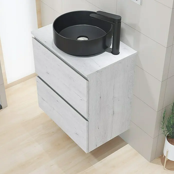 Artysan Mueble bajo de lavabo Cíes - L x An x Al: 38,6 x 60 x 64 cm, Silver - Lavabo de baño moderno con mueble de aspecto de madera y grifo negro. Un diseño elegante para realzar cualquier decoración de baño.