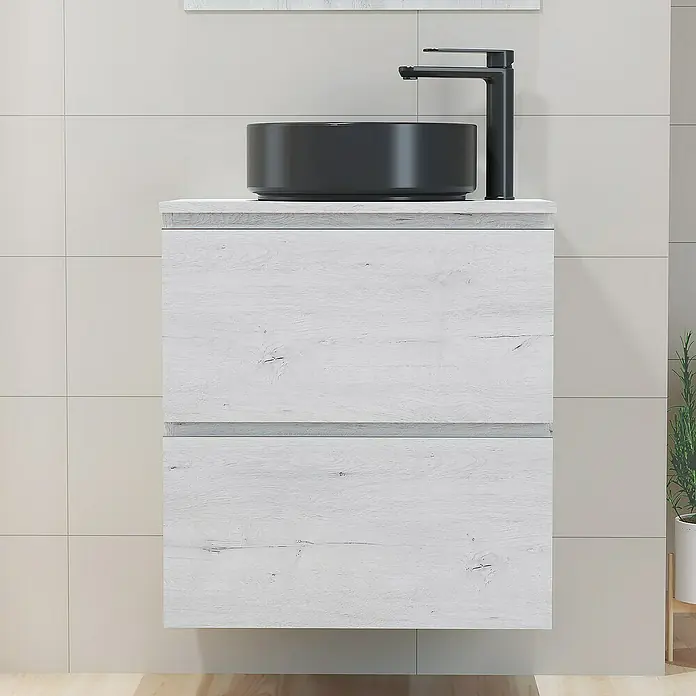 Artysan Mueble bajo de lavabo Cíes - L x An x Al: 38,6 x 60 x 64 cm, Silver - Consola de baño moderna con lavabo sobre encimera negro y grifo. La consola tiene un acabado de madera clara e incluye dos cajones.