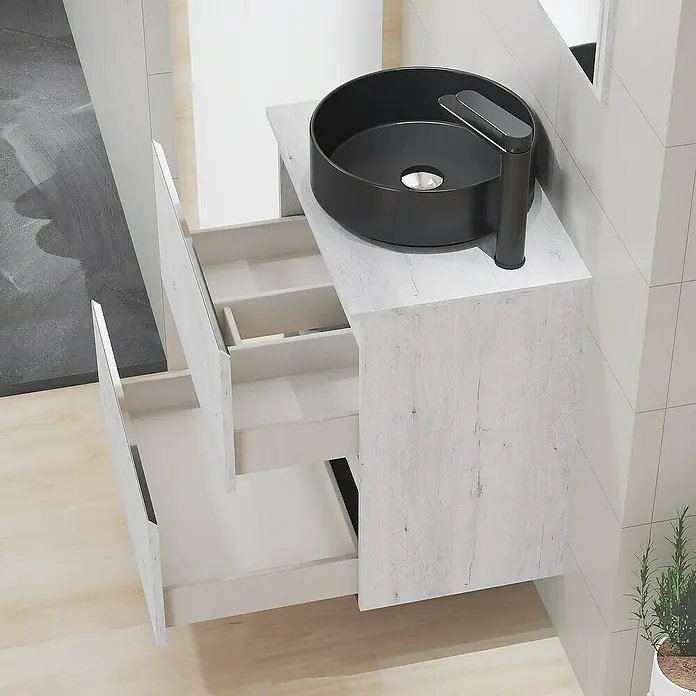 Artysan Mueble bajo de lavabo Cíes - L x An x Al: 38,6 x 60 x 64 cm, Silver - Un mueble de baño con dos cajones abiertos y un lavabo sobre encimera negro con grifo.