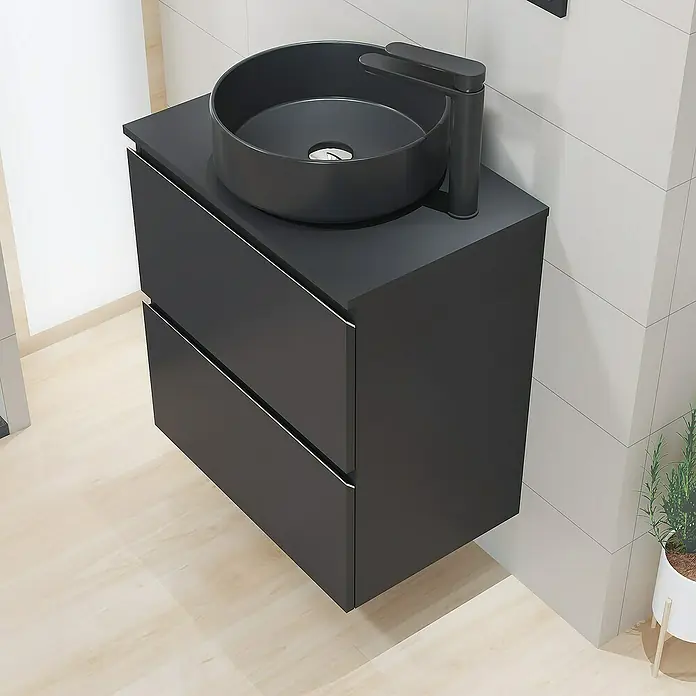 Artysan Mueble bajo de lavabo Cíes - L x An x Al: 38,6 x 60 x 64 cm, Negro - Elegante lavabo negro con mueble de baño. El diseño moderno incluye un tazón redondo y elegantes cajones para almacenamiento adicional.