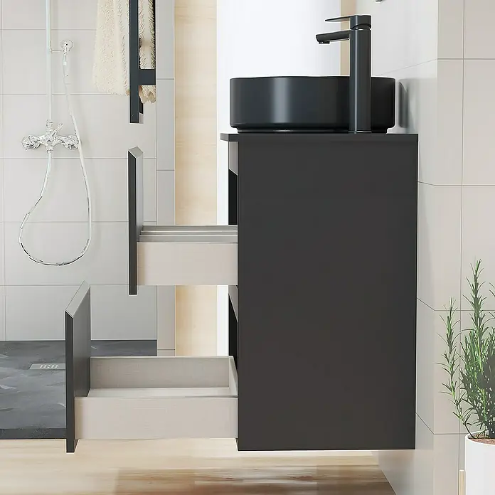 Artysan Mueble bajo de lavabo Cíes - L x An x Al: 38,6 x 60 x 64 cm, Negro - Lavabo de baño negro moderno con dos cajones y diseño minimalista para baños elegantes.