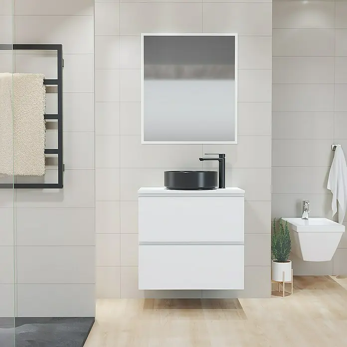 Artysan Mueble bajo de lavabo Cíes - L x An x Al: 38,6 x 70 x 64 cm, Blanco - Baño moderno con mueble bajo lavabo blanco, lavabo sobre encimera negro y un gran espejo que amplía visualmente el espacio.