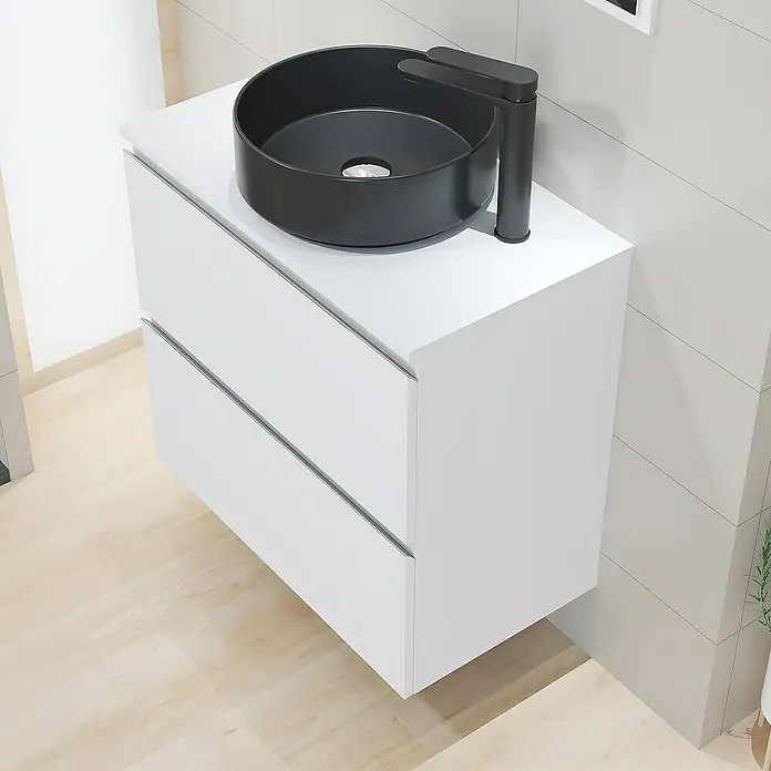 Artysan Mueble bajo de lavabo Cíes - L x An x Al: 38,6 x 70 x 64 cm, Blanco - Elegante lavabo de baño con mueble. Lavabo negro sobre un mueble blanco con dos cajones.