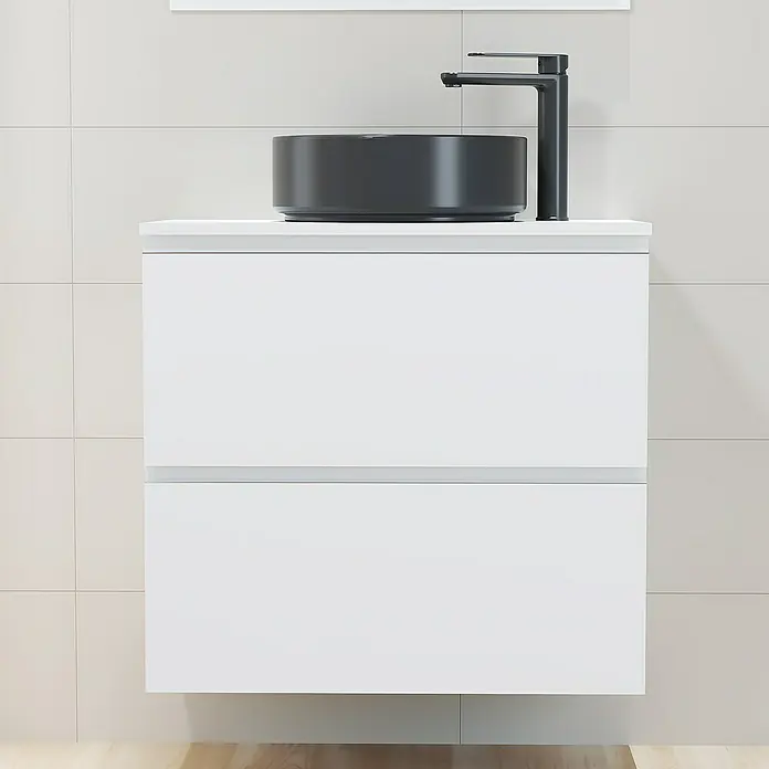 Artysan Mueble bajo de lavabo Cíes - L x An x Al: 38,6 x 70 x 64 cm, Blanco - Elegante lavabo de baño con un moderno lavabo negro sobre encimera y un elegante mueble de baño blanco. Diseño elegante para cualquier baño.
