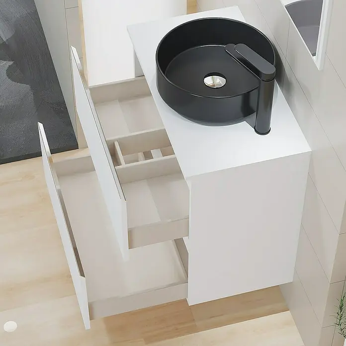 Artysan Mueble bajo de lavabo Cíes - L x An x Al: 38,6 x 70 x 64 cm, Blanco - Mueble de baño moderno con lavabo sobre encimera negro y cajones abiertos, que ofrece soluciones de almacenamiento elegantes para el baño.