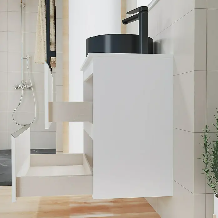 Artysan Mueble bajo de lavabo Cíes - L x An x Al: 38,6 x 70 x 64 cm, Blanco - Moderno baño con mueble de lavabo blanco y lavabo sobre encimera negro. El diseño elegante añade un toque de elegancia.