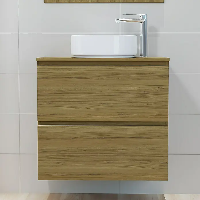 Artysan Mueble bajo de lavabo Cíes - L x An x Al: 38,6 x 70 x 64 cm, Roble Guadarrama - Lavabo de baño moderno con mueble de madera y lavabo sobre encimera blanco.