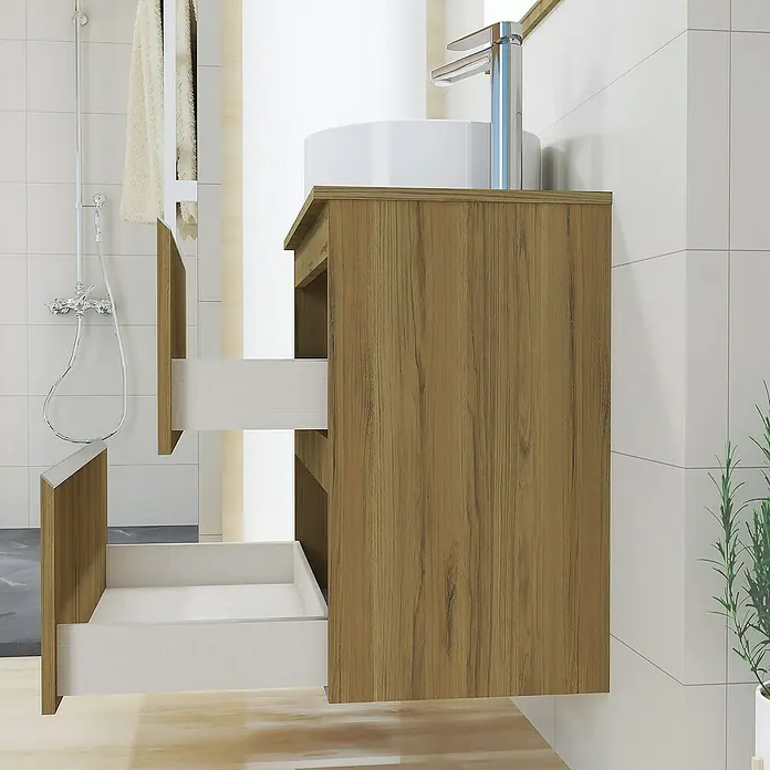 Artysan Mueble bajo de lavabo Cíes - L x An x Al: 38,6 x 70 x 64 cm, Roble Guadarrama - Mueble de baño de madera con dos cajones. El lavabo es redondo y blanco. Los cajones son blancos y abiertos. Estilo moderno para tu baño.