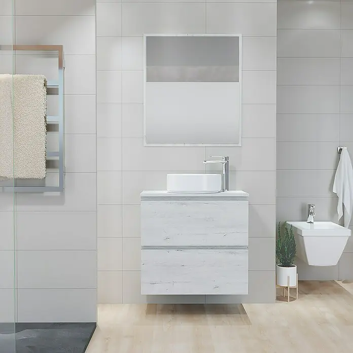 Artysan Mueble bajo de lavabo Cíes - L x An x Al: 38,6 x 70 x 64 cm, Silver - Un baño moderno con un mueble de lavabo con aspecto de madera, un lavabo redondo sobre encimera y un espejo.