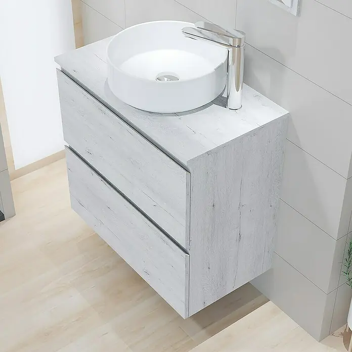 Artysan Mueble bajo de lavabo Cíes - L x An x Al: 38,6 x 70 x 64 cm, Silver - Elegante mueble de baño con dos cajones y un lavabo sobre encimera redondo, perfecto para baños modernos.