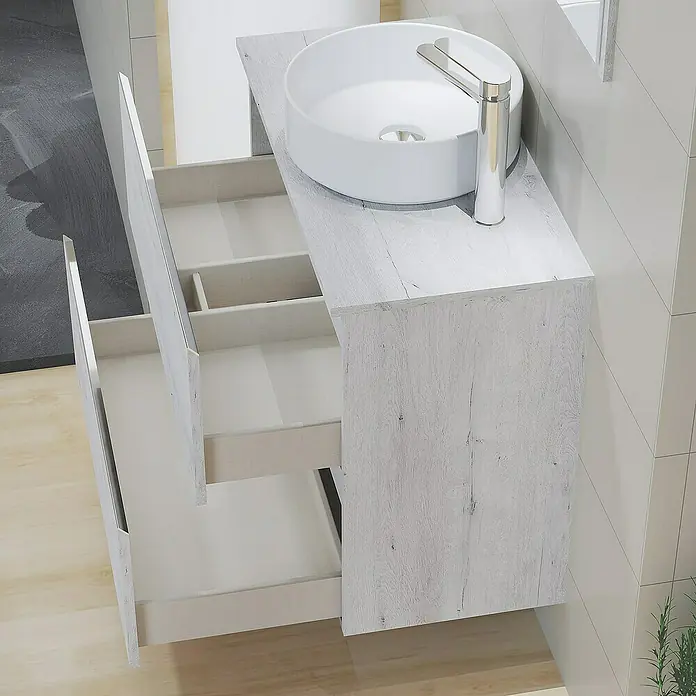 Artysan Mueble bajo de lavabo Cíes - L x An x Al: 38,6 x 70 x 64 cm, Silver - Un moderno mueble de baño con un diseño de cajones abiertos y un lavabo redondo sobre encimera. El mueble ofrece un espacio de almacenamiento práctico.