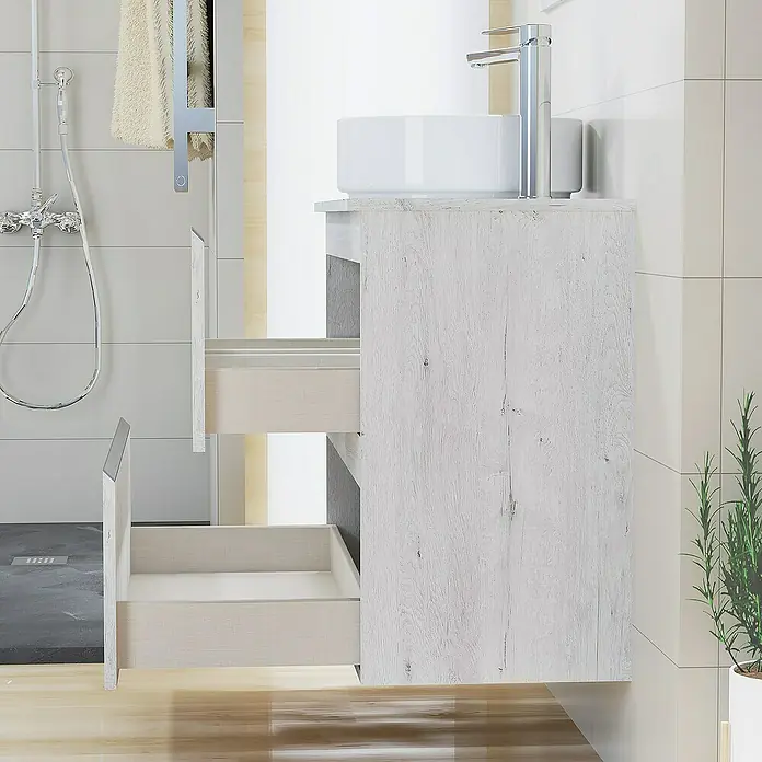 Artysan Mueble bajo de lavabo Cíes - L x An x Al: 38,6 x 70 x 64 cm, Silver - Un moderno mueble de baño blanco con cajones abiertos, ideal para cualquier baño. Elegante y funcional.