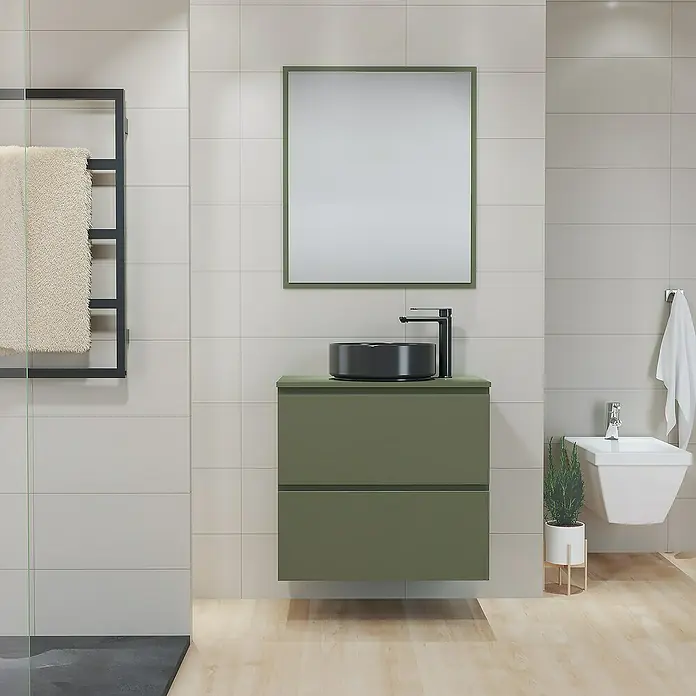 Artysan Mueble bajo de lavabo Cíes - L x An x Al: 38,6 x 70 x 64 cm, Musgo - Elegante interior de baño con mueble de lavabo verde, lavabo redondo y espejo cuadrado. Toallero en la pared.