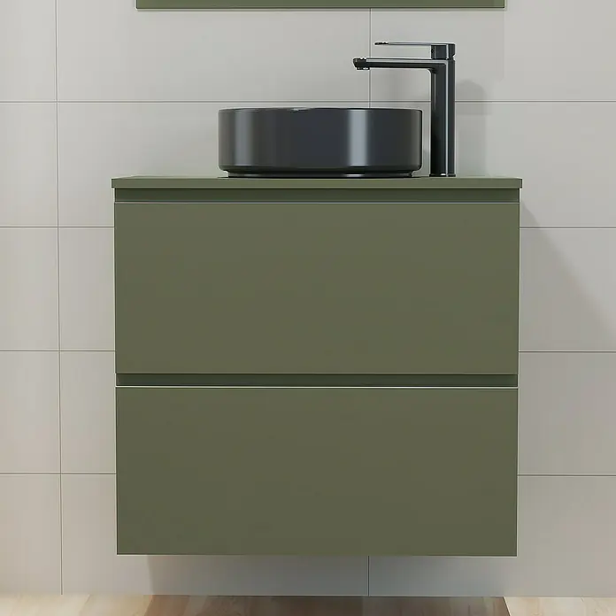 Artysan Mueble bajo de lavabo Cíes - L x An x Al: 38,6 x 70 x 64 cm, Musgo - Baño moderno con mueble de lavabo verde oliva y elegante grifo negro sobre pared de azulejos claros.
