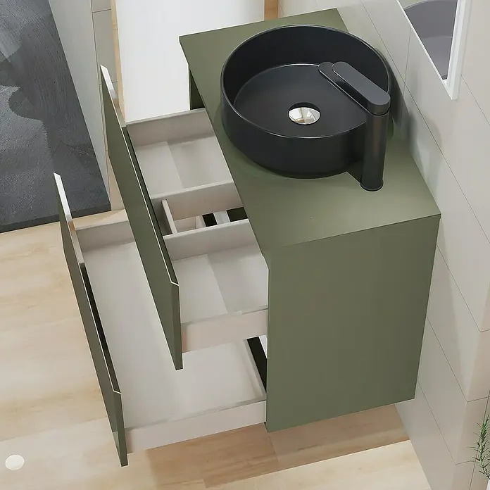 Artysan Mueble bajo de lavabo Cíes - L x An x Al: 38,6 x 70 x 64 cm, Musgo - Primer plano de un tocador de baño verde oliva con un elegante lavabo negro y cajones abiertos.