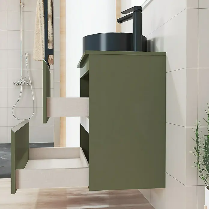 Artysan Mueble bajo de lavabo Cíes - L x An x Al: 38,6 x 70 x 64 cm, Musgo - Lavabo de baño moderno con mueble en verde oliva y cajones abiertos para un diseño elegante del baño.